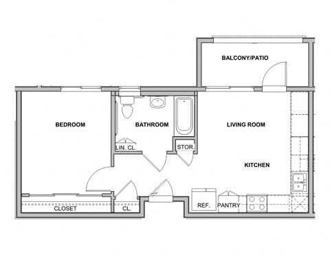 Floor plan for 1 bed, 1 bath, 583 sqft
